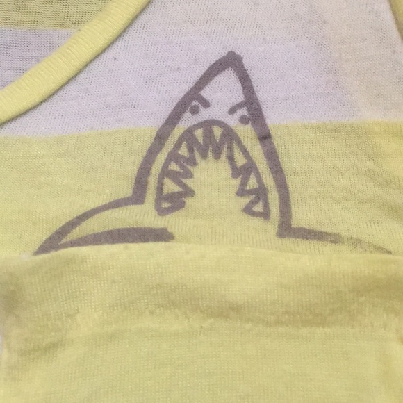 A white and yellow striped tank top with shark. - Picture 2 of 3